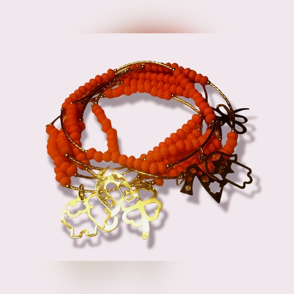 Orange bohemian gold charms hamsa, elephant, Clover butterfly stretch bracelets - Picture 3 of 4